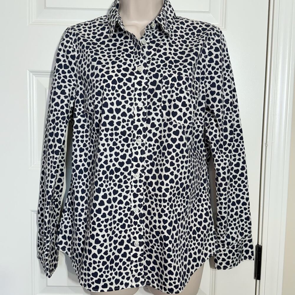 J Crew Long Sleeve Ivory Shirt with Navy Hearts, Women's Size M